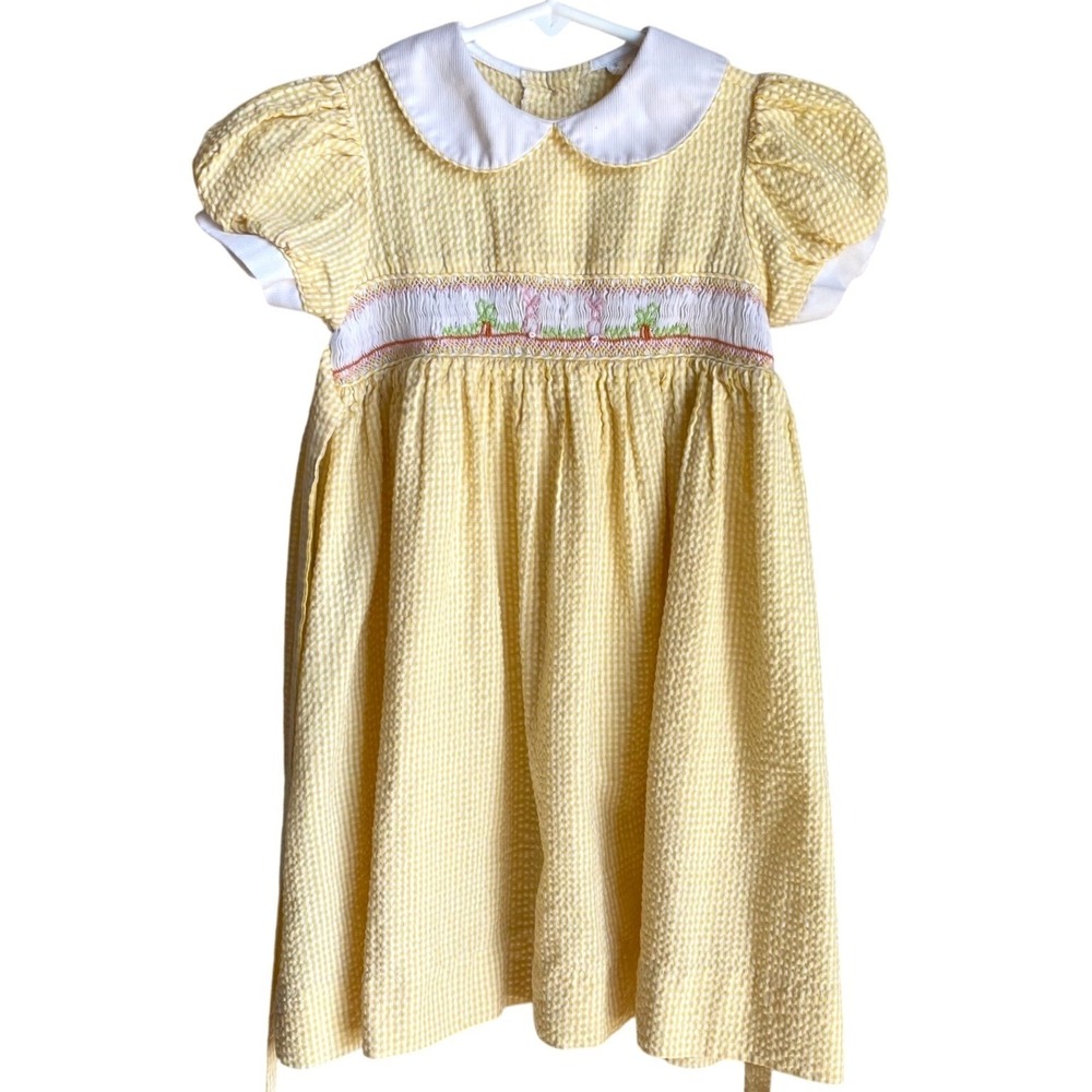VTG m.c. Collection Smocked Bunny Bishop Dress Size 3T Seersucker Striped Yellow